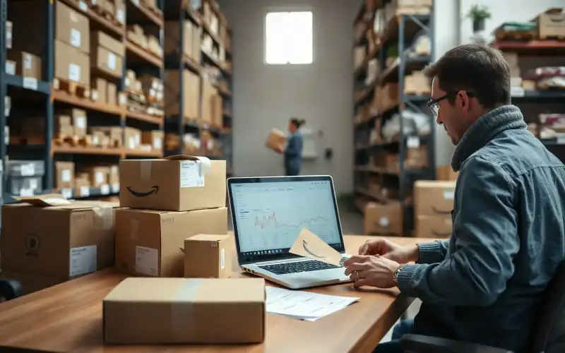Laptop mit E-Commerce-Dashboard neben Kartons und Verpackungen zeigt typische Dropshipping-Kosten im Überblick