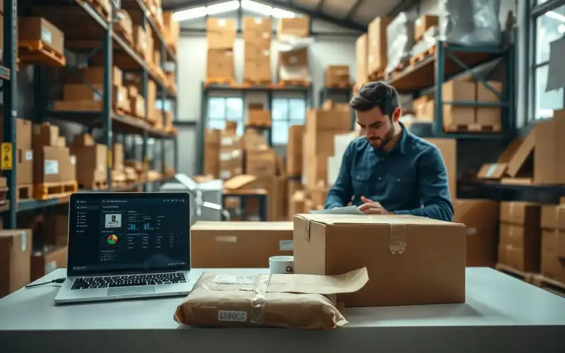Laptop mit WooCommerce- und Shopify-Logos neben Kartons symbolisiert den Vergleich beider E-Commerce-Plattformen 2026