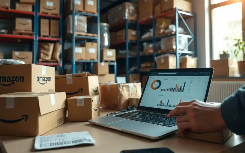 Laptop mit E-Commerce-Daten und Kartonverpackungen für Amazon PPC-Kampagnen 2026 in natürlichem Licht