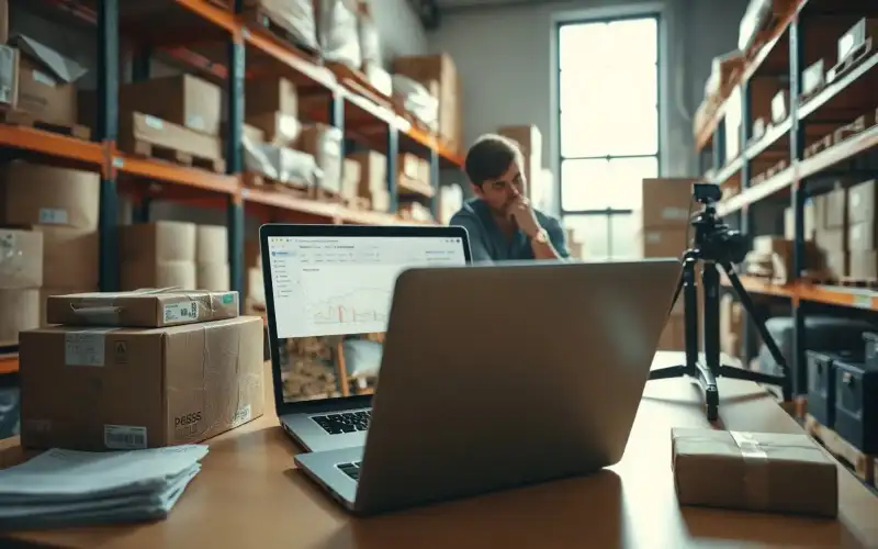Laptop mit E-Commerce-Shop und Kartonverpackungen zeigen Umsatzsteuer-Pflichten im Online-Handel