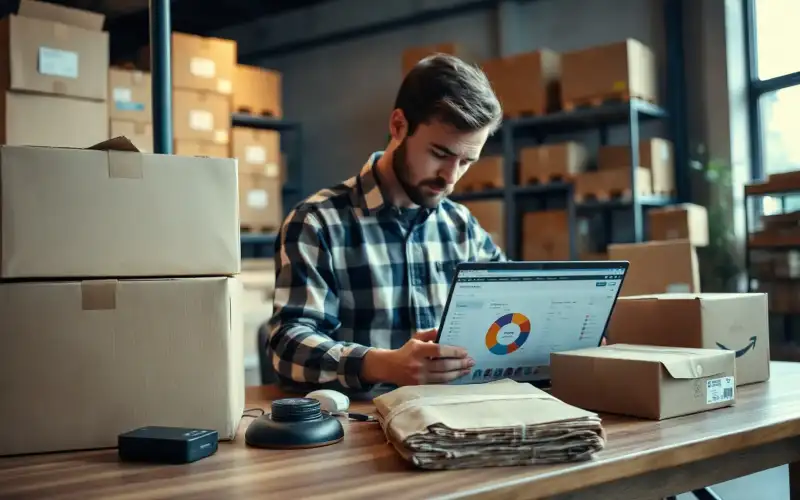 Laptop mit E-Commerce-Shop neben Kartons und Verpackungen symbolisiert modernes Dropshipping 2026