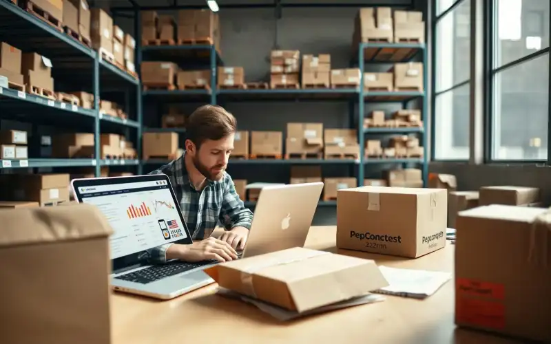 Laptop mit E-Commerce-Plattform neben Kartons zeigt den Unterschied zwischen Alibaba und AliExpress im Online-Handel