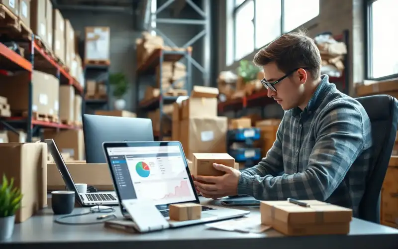 Kartons und Verpackungen neben einem Laptop mit E-Commerce-Dashboard in einem realistischen Büro-Setup