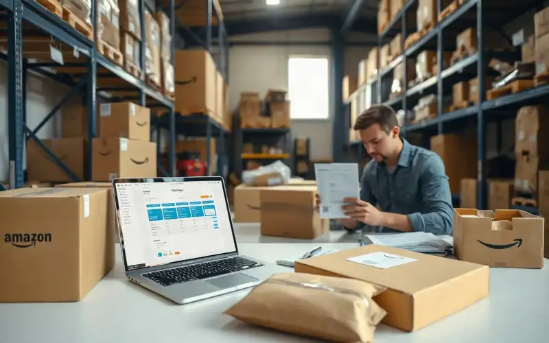 Laptop mit E-Commerce-Dashboard neben Kartons zeigt Amazon FBA Kosten 2026 im Überblick