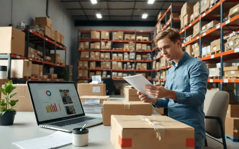 Laptop mit Dropshipping-Lieferanten-Recherche umgeben von Kartons und Verpackungsmaterial in natürlichem Licht