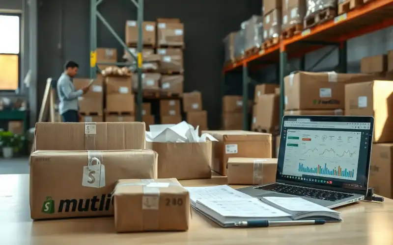 Laptop mit E-Commerce-Shop auf Shopify, umgeben von Kartons und Verpackungen für den Online-Handel
