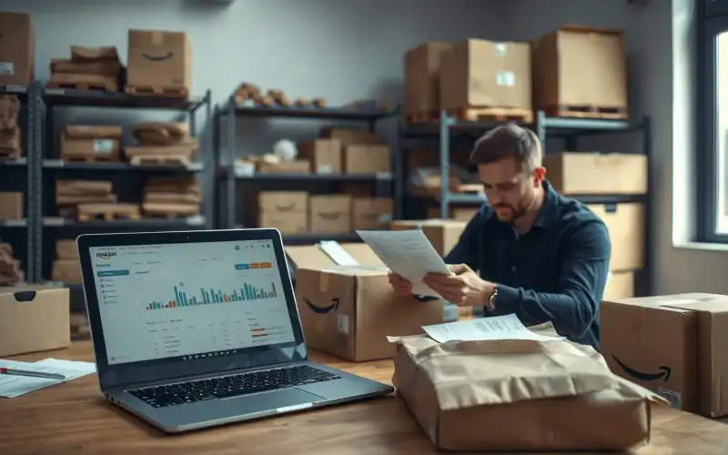 Laptop mit E-Commerce-Dashboard neben Kartons, symbolisiert Amazon ACoS Optimierung im Online-Handel