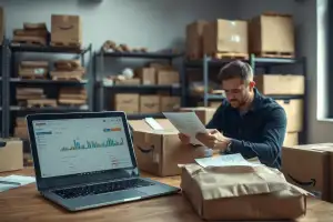 Laptop mit E-Commerce-Dashboard neben Kartons, symbolisiert Amazon ACoS Optimierung im Online-Handel