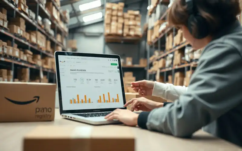 Laptop mit E-Commerce-Dashboard neben Kartons, symbolisiert Amazon Brand Registry für Online-Händler
