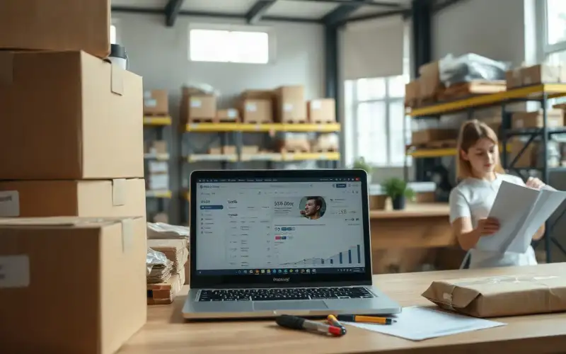 Laptop mit E-Commerce-Shop auf Shopify, Kartons und Verpackungen für Online-Handel 2026