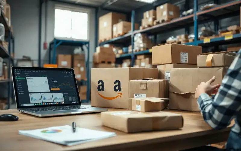 Kartons und Verpackungen neben einem Laptop mit E-Commerce-Dashboard, symbolisieren rechtliche Risiken im Online-Handel