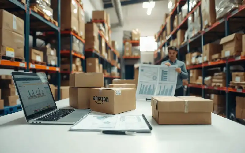 Kartons und Verpackungen neben einem Laptop mit E-Commerce-Dashboard für Online-Handel und Versandlogistik
