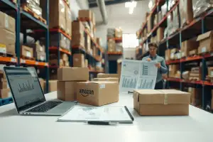 Kartons und Verpackungen neben einem Laptop mit E-Commerce-Dashboard für Online-Handel und Versandlogistik