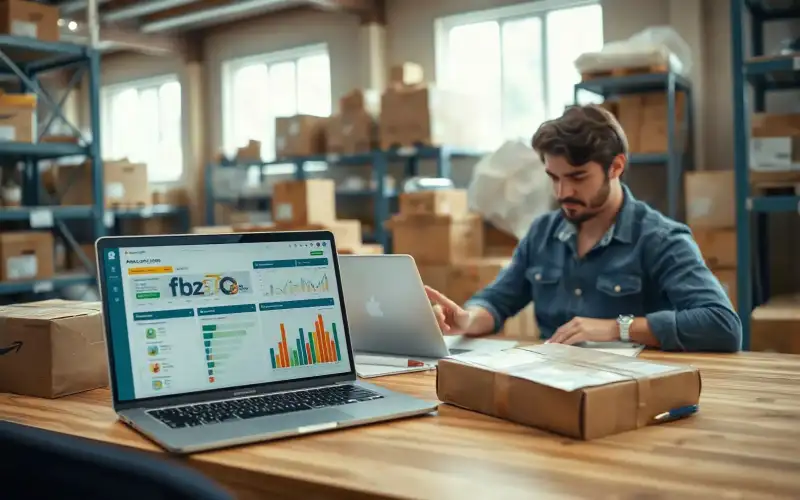Laptop mit E-Commerce-Dashboard neben Kartons für Amazon FBA, natürliche Beleuchtung, Steuerthema im Onlinehandel