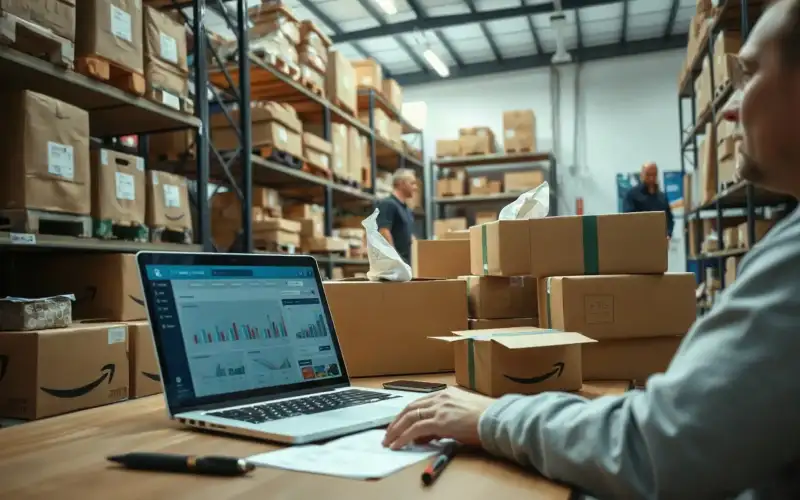 Kartons und Verpackungen neben einem Laptop symbolisieren die Kleinunternehmerregelung im E-Commerce