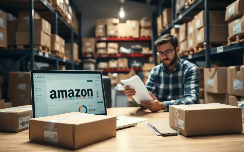 Laptop mit E-Commerce-Dashboard neben Kartons zur Deckungsbeitragsberechnung im Online-Handel