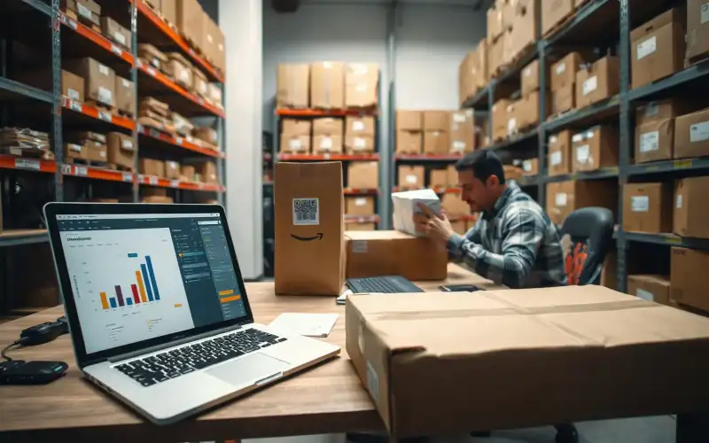 Laptop mit E-Commerce-Dashboard neben Kartons und Verpackungen für Dropshipping-Geschäft in natürlichem Licht
