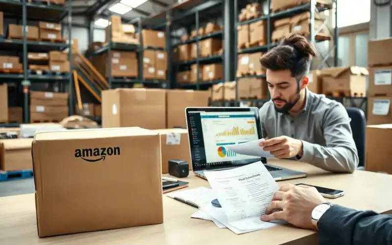 Laptop mit Amazon PPC Dashboard neben Kartons, symbolisiert Kostenoptimierung im E-Commerce