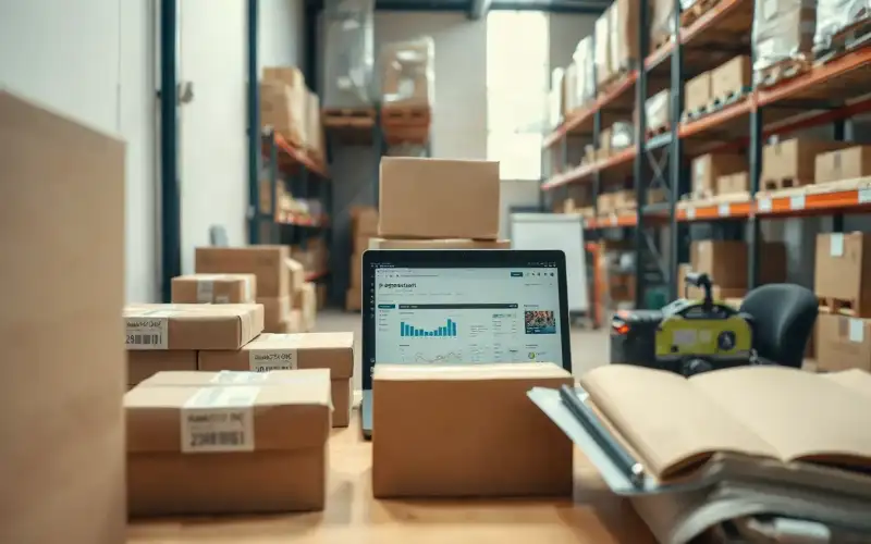 Kartons und Verpackungsmaterialien auf einem Laptop für eine professionelle Musterbestellung im E-Commerce