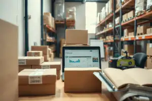 Kartons und Verpackungsmaterialien auf einem Laptop für eine professionelle Musterbestellung im E-Commerce