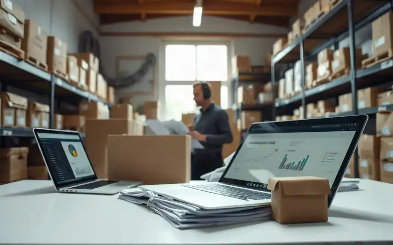 Laptop mit WooCommerce-Shop und Kartons symbolisiert E-Commerce-Kosten 2026