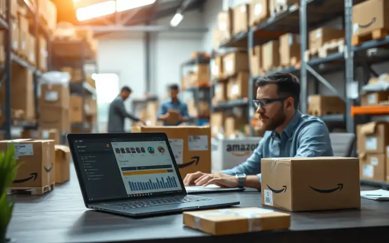 Laptop mit E-Commerce-Dashboard neben Amazon FBA Kartons und Verpackungen in natürlichem Licht, 2026