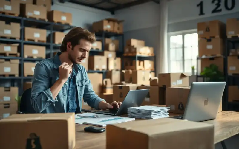 Laptop mit Shopify- und WooCommerce-Vergleich neben Kartons und Verpackungsmaterial für Online-Händler 2026