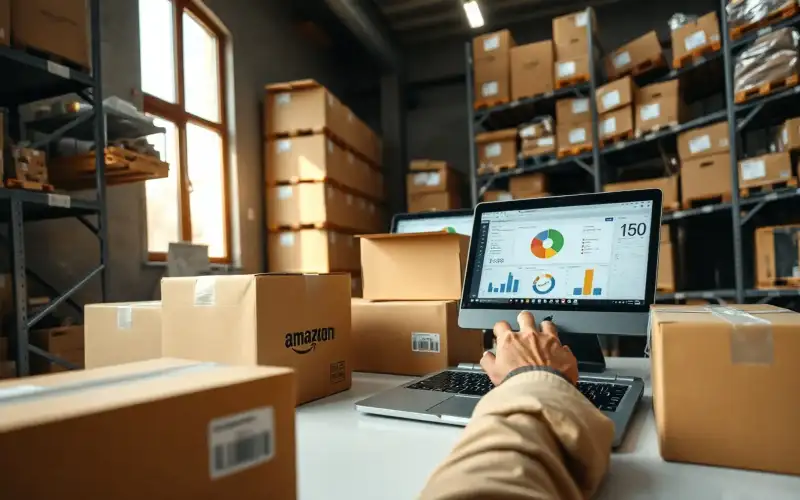 Kartonverpackungen und Laptop mit E-Commerce-Dashboard symbolisieren modernen Online-Handel im Detail