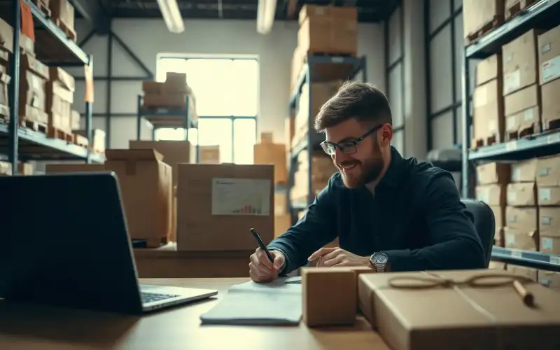 Laptop und Kartons auf dem Schreibtisch symbolisieren die Suche nach Dropshipping-Lieferanten 2026
