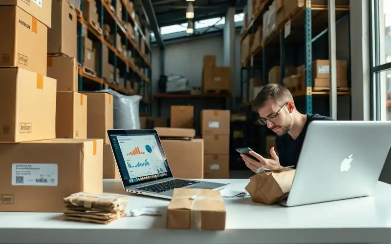 Vergleich von AliExpress und CJ Dropshipping 2026: Kartons, Verpackungen und Laptop auf dem Schreibtisch