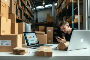 Vergleich von AliExpress und CJ Dropshipping 2026: Kartons, Verpackungen und Laptop auf dem Schreibtisch
