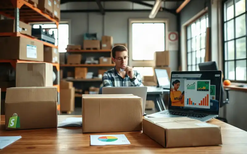 Laptop mit E-Commerce-Dashboard neben Kartons und Verpackungen für Shopify-Onlineshop-Aufbau