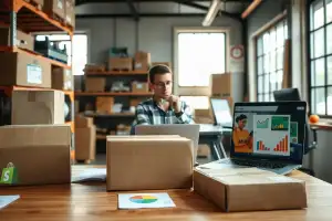 Laptop mit E-Commerce-Dashboard neben Kartons und Verpackungen für Shopify-Onlineshop-Aufbau