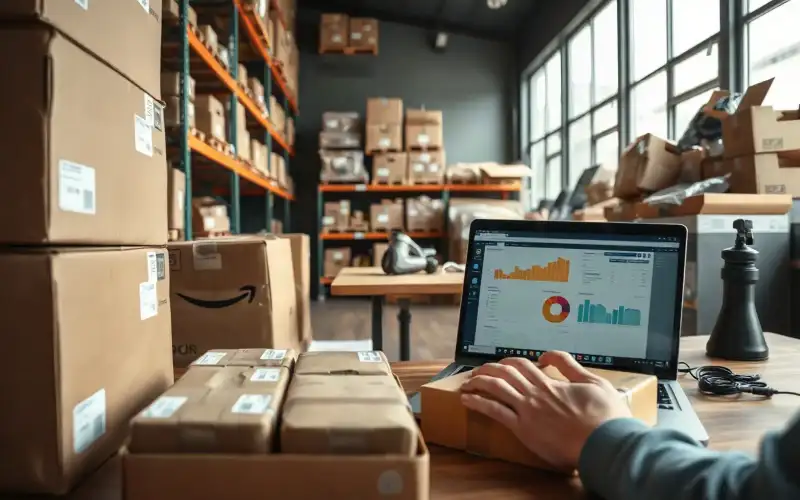 Kartons und Laptop mit E-Commerce-Dashboard symbolisieren die Rohertragsmarge im Online-Handel