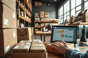 Kartons und Laptop mit E-Commerce-Dashboard symbolisieren die Rohertragsmarge im Online-Handel
