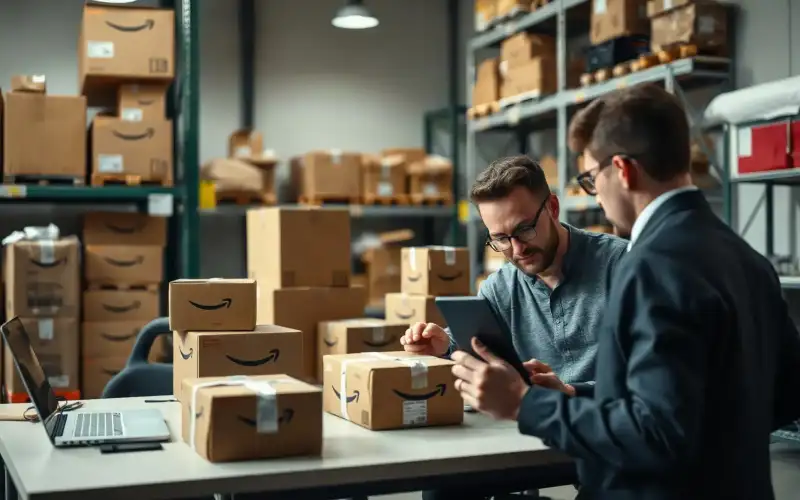 Laptop mit Amazon Sponsored Products Dashboard neben Kartons und Verpackungen im photojournalistischen Stil