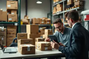 Laptop mit Amazon Sponsored Products Dashboard neben Kartons und Verpackungen im photojournalistischen Stil