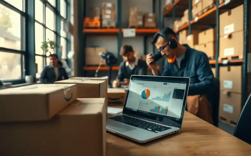 Laptop mit E-Commerce-Dashboard neben Kartons und Verpackungen für Dropshipping-Geschäft in natürlichem Licht