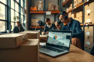 Laptop mit E-Commerce-Dashboard neben Kartons und Verpackungen für Dropshipping-Geschäft in natürlichem Licht