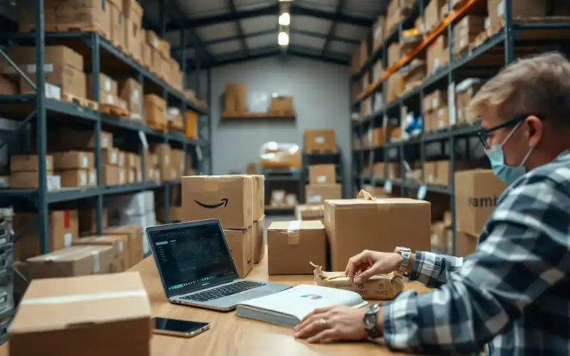 Kartons und Laptop mit E-Commerce-Dashboard symbolisieren modernes Online-Handel-Management und Steuerplanung