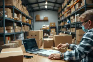 Kartons und Laptop mit E-Commerce-Dashboard symbolisieren modernes Online-Handel-Management und Steuerplanung