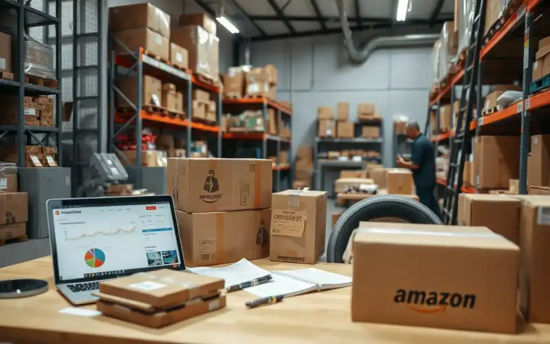 Laptop mit E-Commerce-Plattform neben Kartons und Verpackungen für Shopify vs. WooCommerce Vergleich