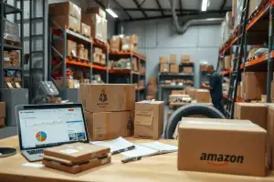Laptop mit E-Commerce-Plattform neben Kartons und Verpackungen für Shopify vs. WooCommerce Vergleich