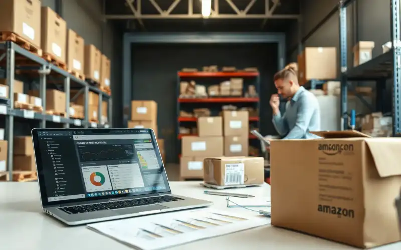 Kartons und Laptop auf dem Schreibtisch zur Buchung der Amazon-Umsatzsteuer im E-Commerce-Bereich
