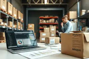 Kartons und Laptop auf dem Schreibtisch zur Buchung der Amazon-Umsatzsteuer im E-Commerce-Bereich